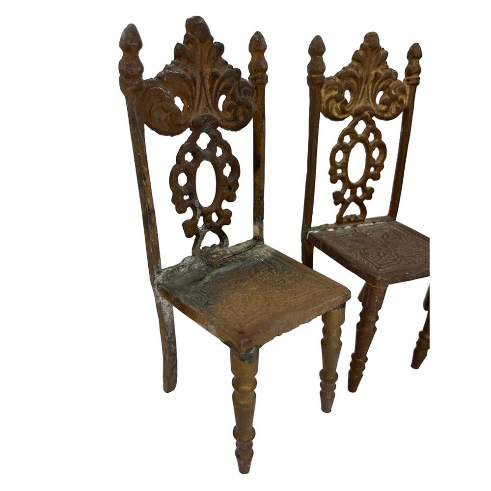 Vintage Ornate Dollhouse Miniature Brass Chairs Set Of 5 Metal 4" Tall - Picture 7 of 11